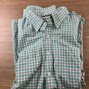 Lands End Mens XL Tall No Iron Twill Shirt Green Blue Plaid Traditional Fit L/S